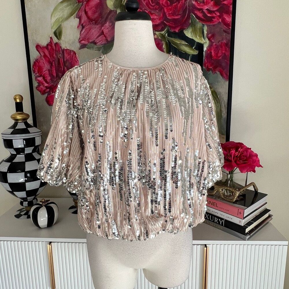 THML Women's Sequined Balloon Sleeve Pullover Blouse Peach Silver Large NWT